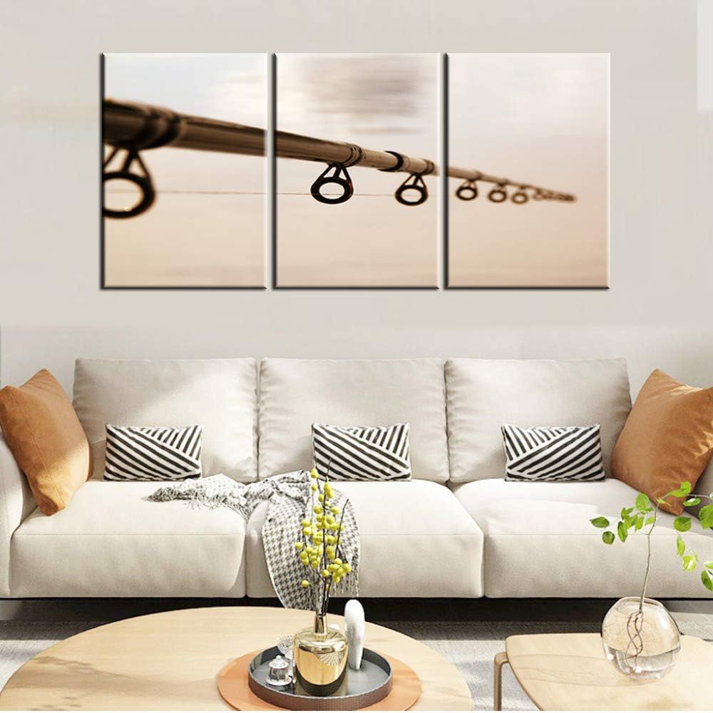 3 Panel Wall Art Angling Lines Pictures Fishing Tackle Paintings Living Room House Decorations Printed on Brown Canvas Giclee Contemporary Artwork Stretched and Framed Ready to Hang Gift(60''WX28''H)