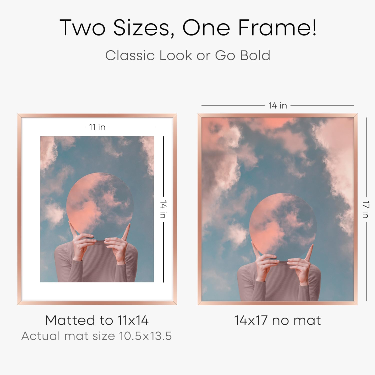 Homeforia 14x17 Picture Frame Rose Gold, High End Metal 14x17 Poster Frames with Mat 11x14 inch Photo, 14 x 17 Rose Gold Frame Matted to 11 by 14 Print, 17x14 Frame, Tempered Glass, Wall Kit, Set of 1