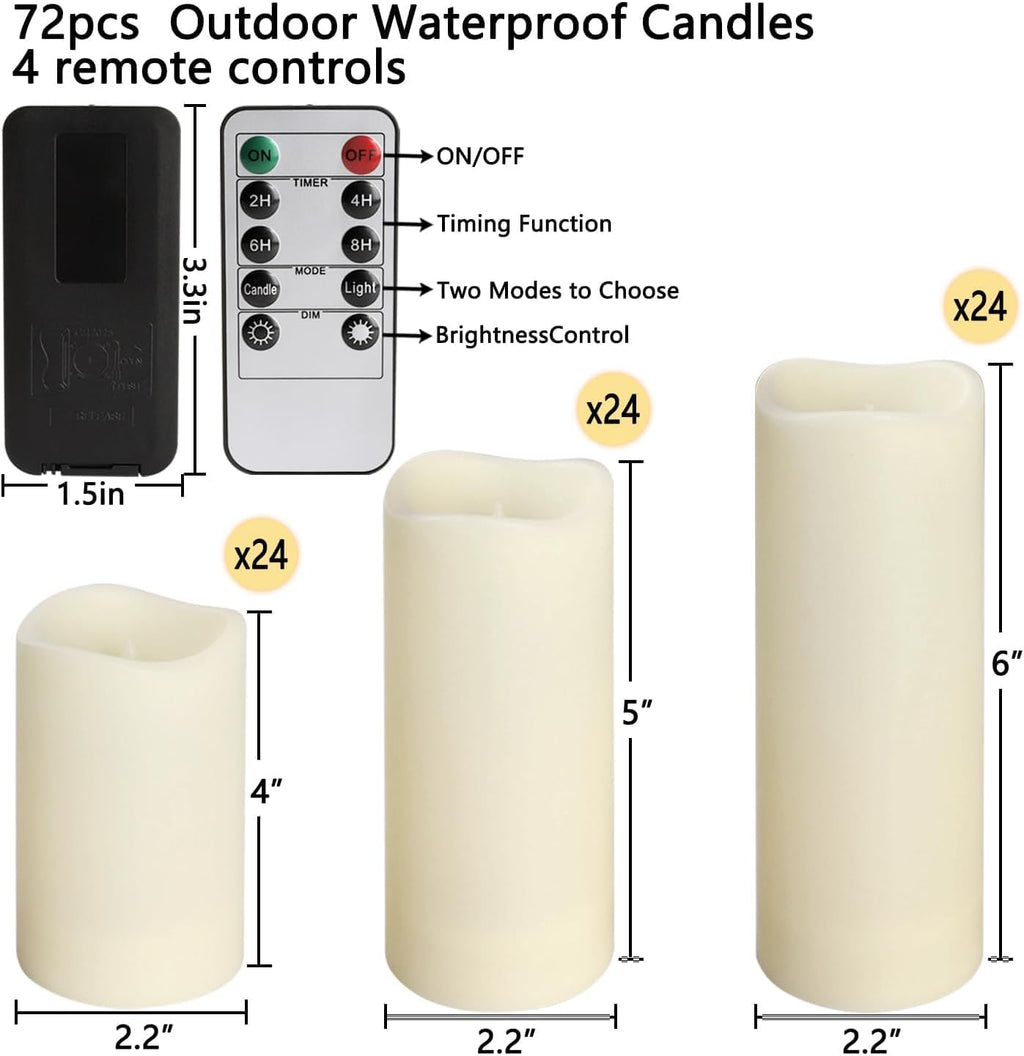 Set of 72 Waterproof Outdoor Flameless Candles, LED Candles with 4 Remote and Timer,(H 4" 5" 6" x D 2.2"),for Halloween Wedding Festiv