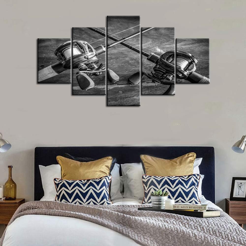 Fish Wall Decor Fishing Rod and Reel Pictures Angling Accessories Paintings Multi Panel Canvas Wall Art for Living Room Home Modern Decor Vintage Artwork Framed Stretched Ready to Hang(60”WX32”H)