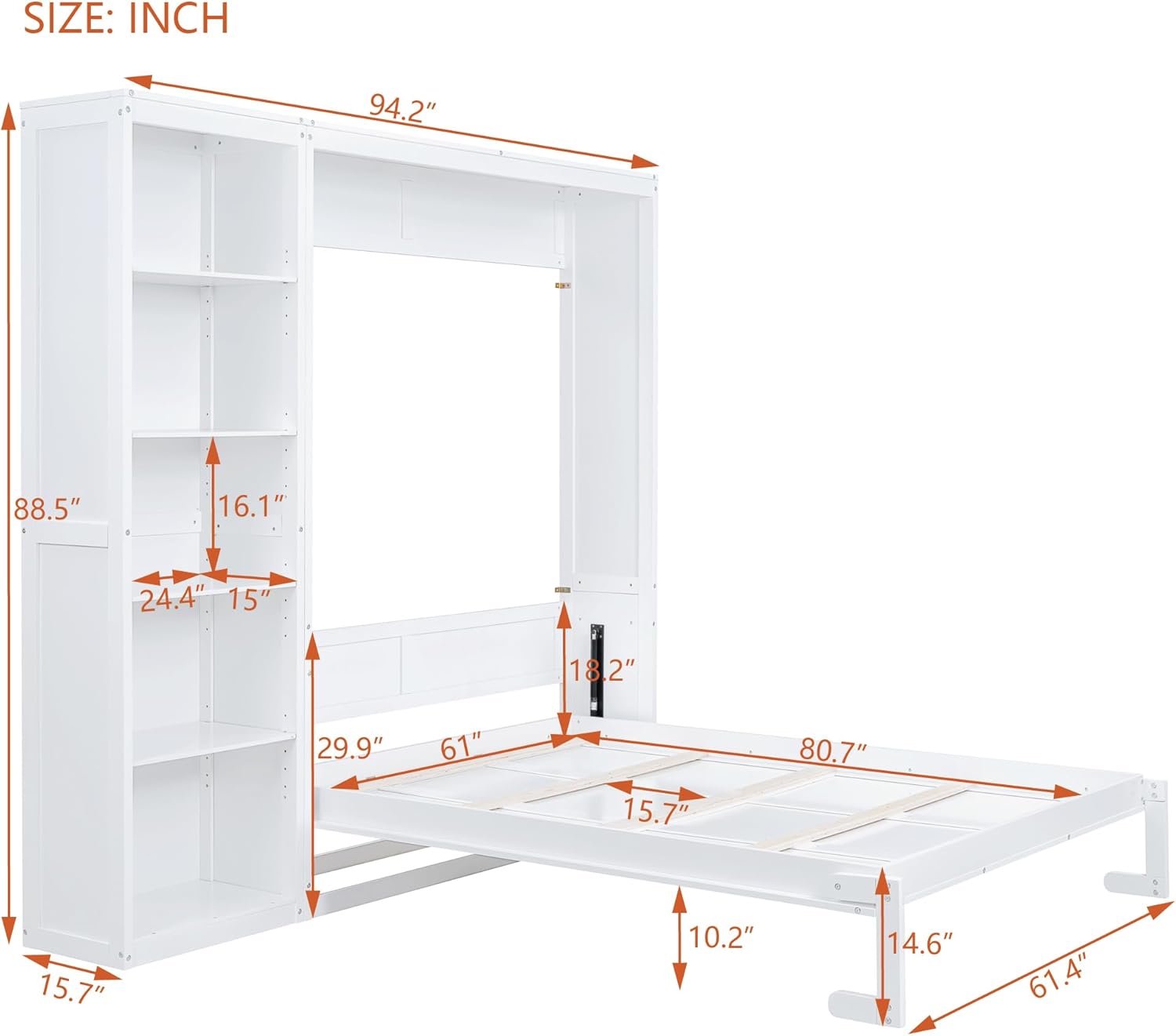 MERITLINE Queen Murphy Bed with Storage Bookcase Shelves,Wood Folding White Murphy Wall Bed Cabinet with Storage Shelves for Adults