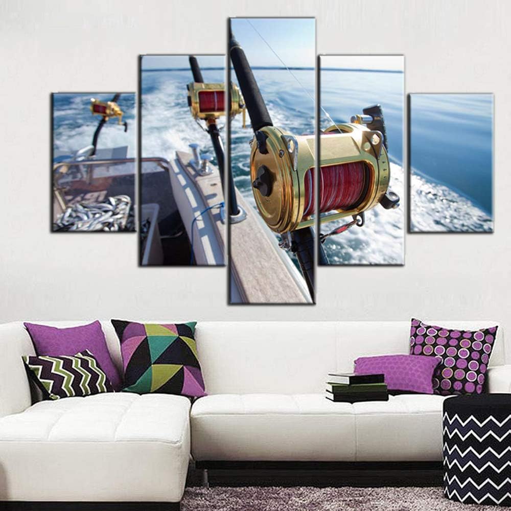 House Decorations Living Room Big Game Fishing Reel Paintings Blue Seascape Angling Pictures Contemporary Artwork 5 Panel Prints Wall Art on Canvas Framed Ready to Hang Posters and Prints(60''Wx40''H)