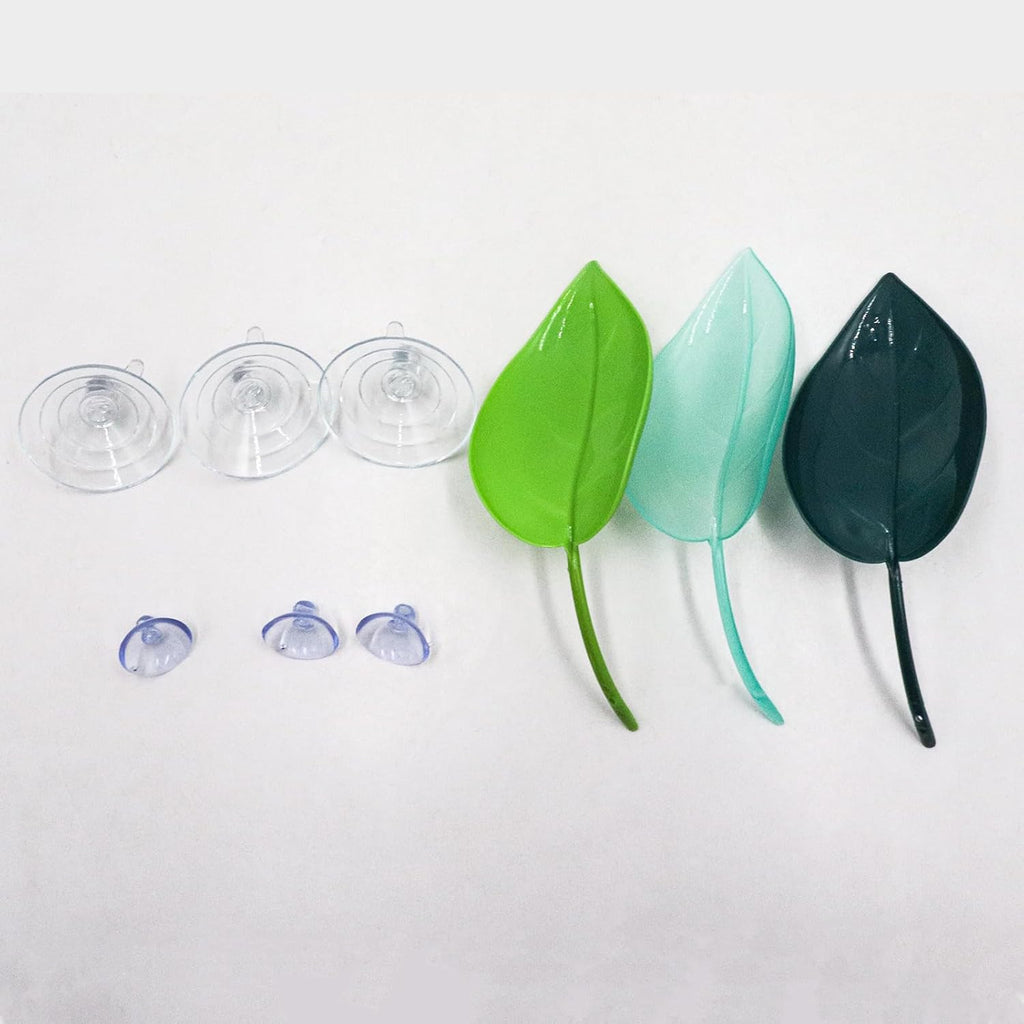 3 Pack Plastic Leaf Decorations with Suction Cups, Gecko Tank Accessories, Reptile Terrarium Decorations for Crested Geckos, Leopard Geckos