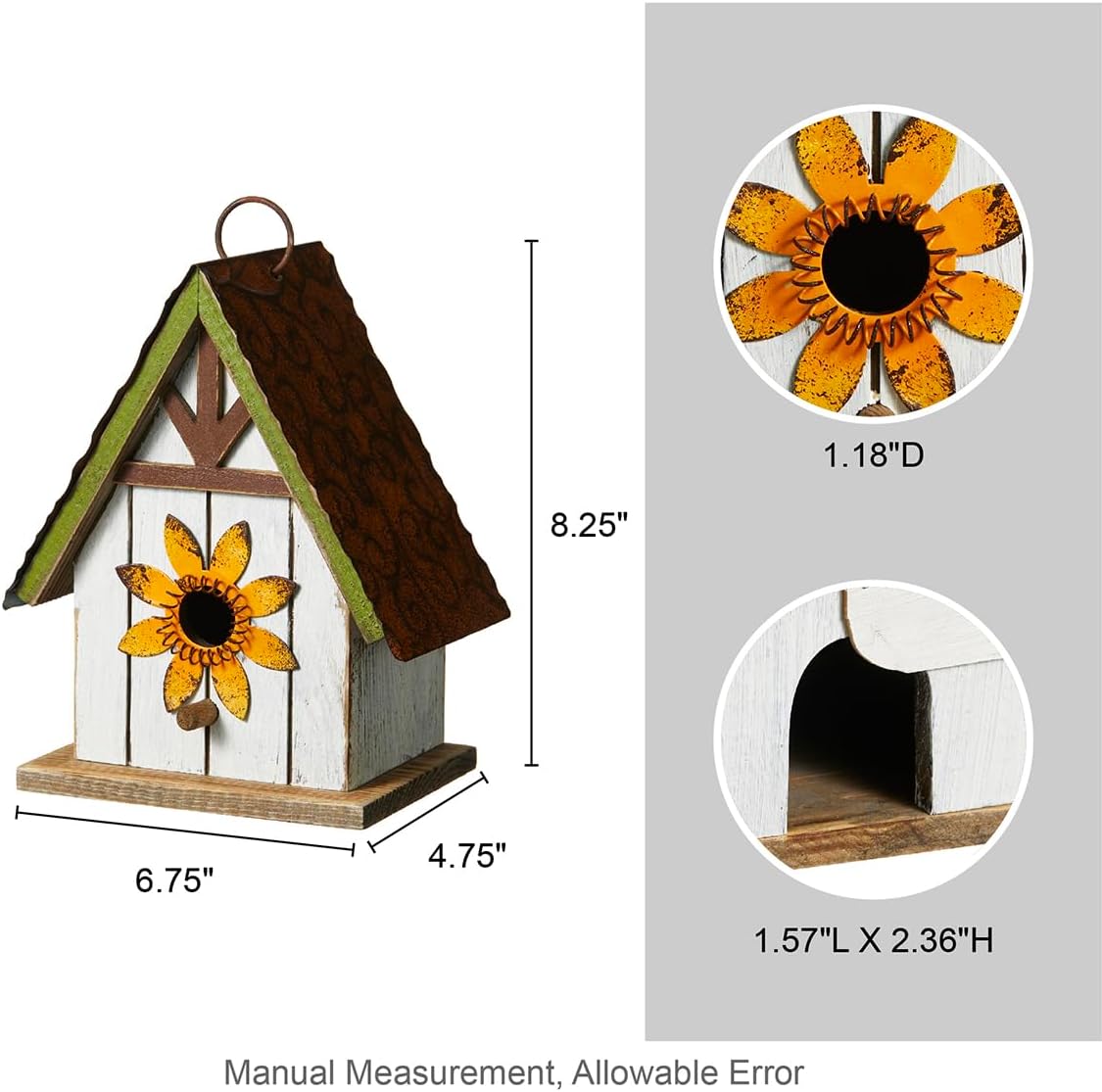 Glitzhome Bird Houses for Outside, Blue Bird Houses for Outdoors, 8.25" H Solid Wood Decorative Hanging Bird House Distressed Cottage Outdoor Garden Birdhouse with 3D Metal Roof and Flower