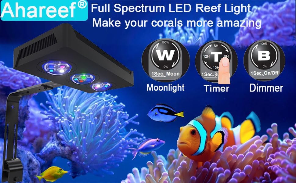 45W Full Spectrum Reef LED Light for SPS/LPS Corals – Dimmable Aquarium Light with Sunrise, Sunset & Moonlight Modes – Perfect for Saltwater & Nano Reef Tanks (10-24 Inch, up to 40 Gallons)