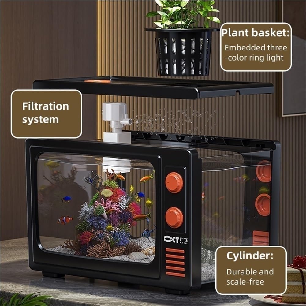 3 Gallon Desktop Aquarium, Retro TV Fish Tank, Fish Tank with Multi-Function Filter, High Transparency Fish Aquarium Made of AS Materials(White,8.3x8.5x15.3in)