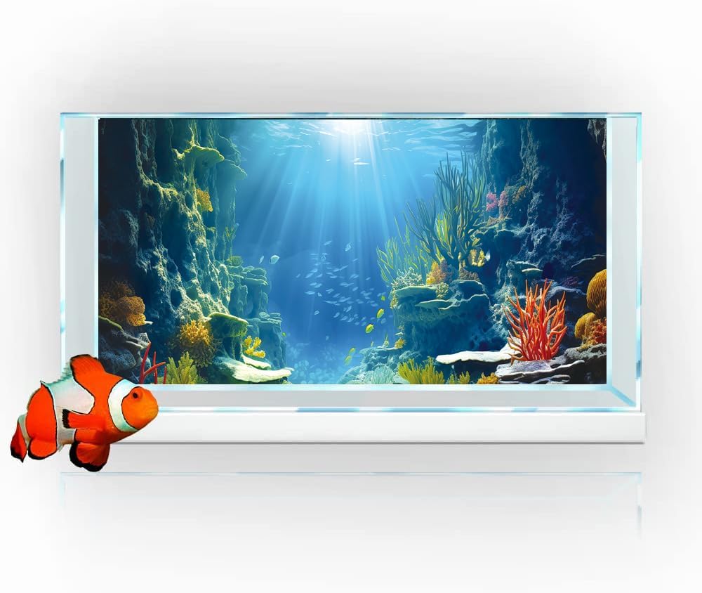 24X16IN Blue Sea Floor Aquarium Background, Natural Underwater World 3D Effect Fish Tank Decorations Background, Art Terrarium Background with 8 EVA Double-Sided Tape
