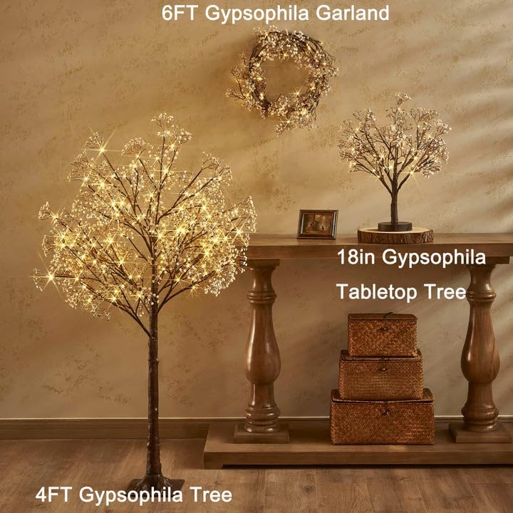 Hairui Lighted Baby Breath Flower Garland Battery Operated with Timer 48L Warm White LED 6FT, Artificial Gypsophila Vine Lights for Thanksgiving Christmas Decor Indoor Outdoor Use