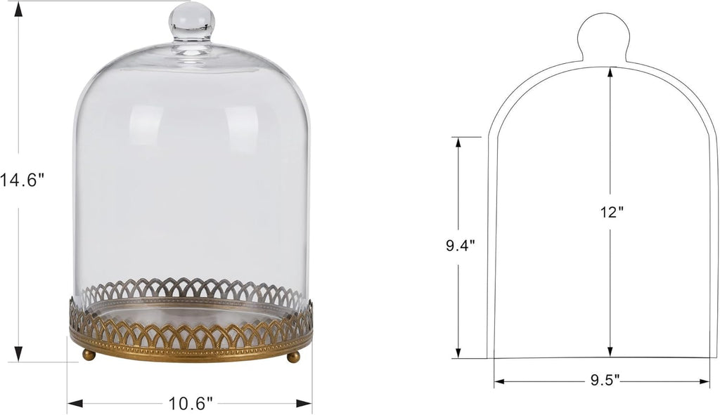 Twakutwku 14" Tall Large Sturdy Handmade Glass Cloche Dome with Metal Base in Gold for Plant, Terrarium, Collectibles, Candle. Cloche Glass Dome, Bell Jar Display Case (Metal Base, 14")