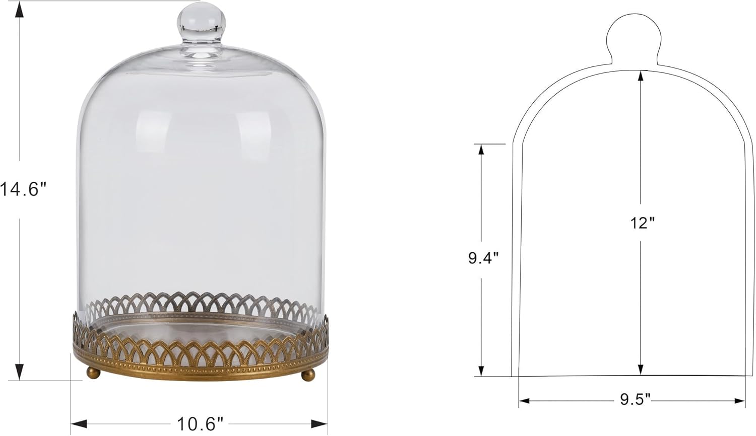 Twakutwku 14" Tall Large Sturdy Handmade Glass Cloche Dome with Metal Base in Gold for Plant, Terrarium, Collectibles, Candle. Cloche Glass Dome, Bell Jar Display Case (Metal Base, 14")