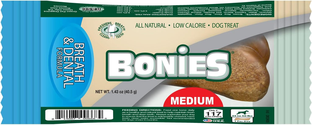 Bonies Natural Breath and Dental Formula Medium-Sized Single Bone - All-Natural Ingredients, Fresh Breath, Cleans Teeth, Low Calories, Chicken Flavor, Medium Dogs, 1 Bone