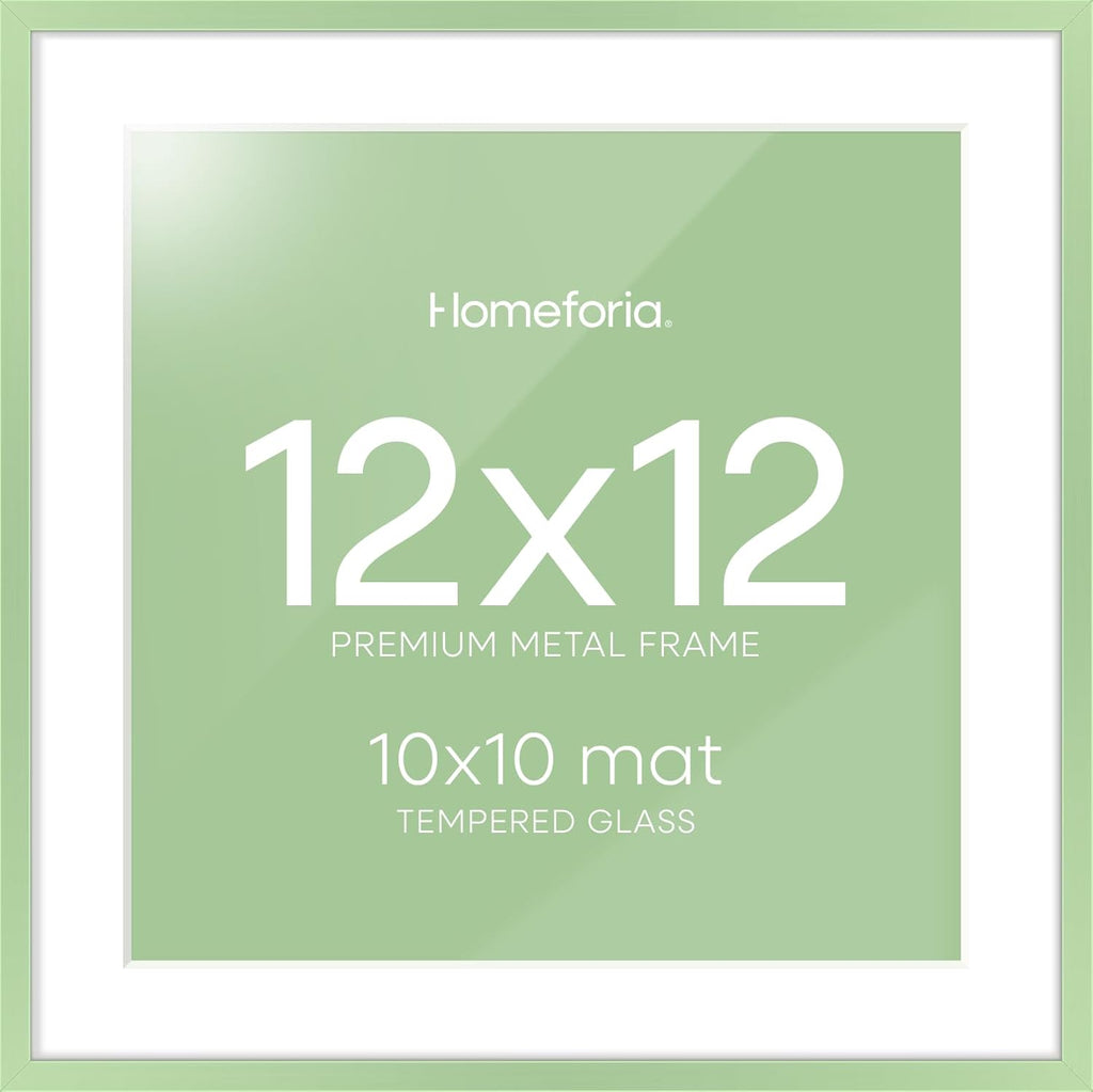 Homeforia 12x12 Picture Frame Sage Green, High End Metal 12 x 12 Square Poster Frame with Mat 10 x 10 Photo, 12x12 Frame Matted to 10x10 Print, 12by12 Hanging Frame, Tempered Glass, Wall Kit, Set of 1