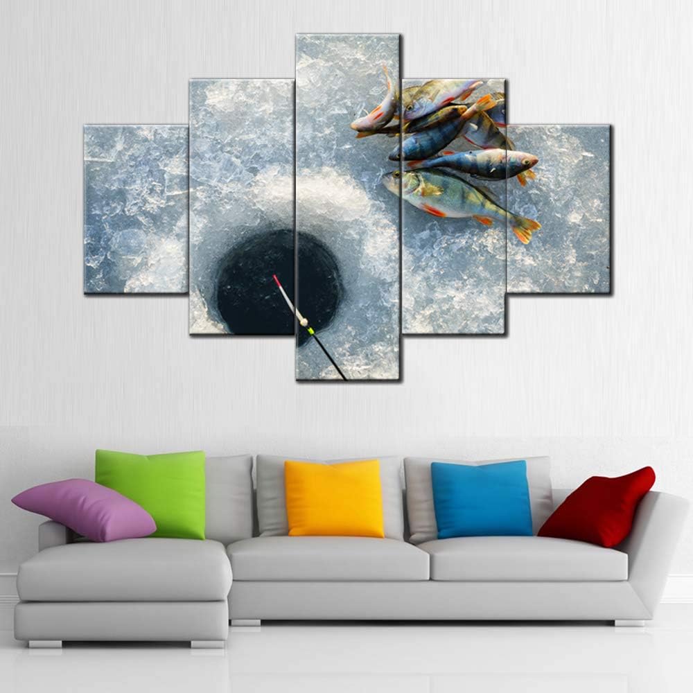 TUMOVO Multi Panel Wall Art Winter Fishing Pictures Many Fishes Paintings for Living Room Prints on Canvas Landscape Artwork Giclee House Decor Stretched and Framed Ready to Hang Gift(60''W x 40''H)