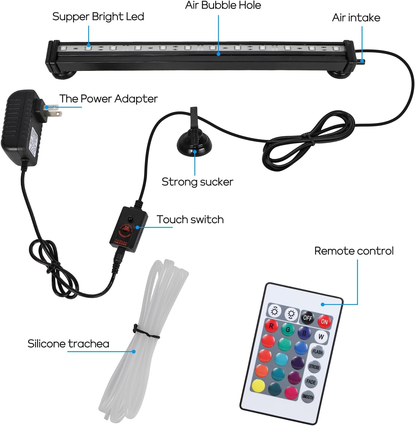 9.05 inch Submersible Aquarium Light, Fish Tank Light with Air Bubble Hole, RGB Color Changing Brightness Adjustable IP68 Waterproof Remote Control LED Light for Aquarium Fish Tank