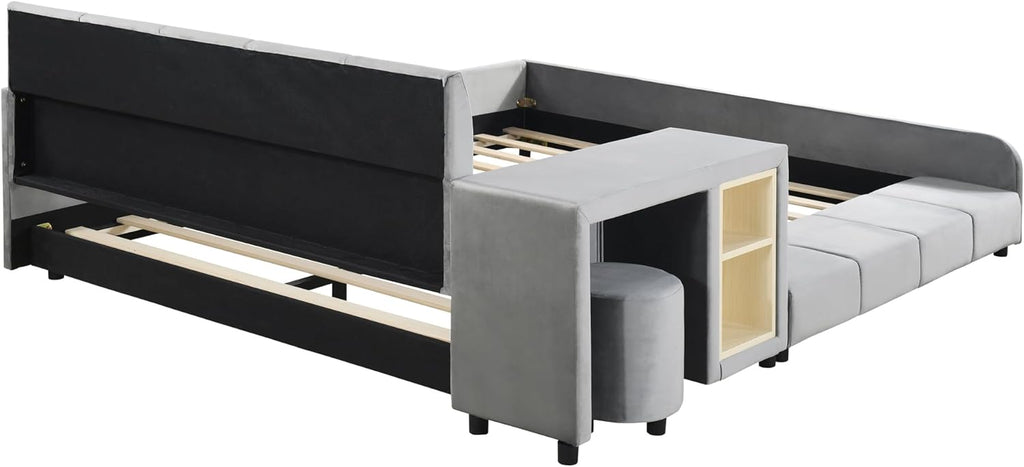 Merax Full Size Velvet Bed Frames Upholstered Grounded Bed, Wooden Mother & Child Bed with Bedside Desk and Little Round Stool,Kids Adults Bedroom Floor Platform Bed,Gray