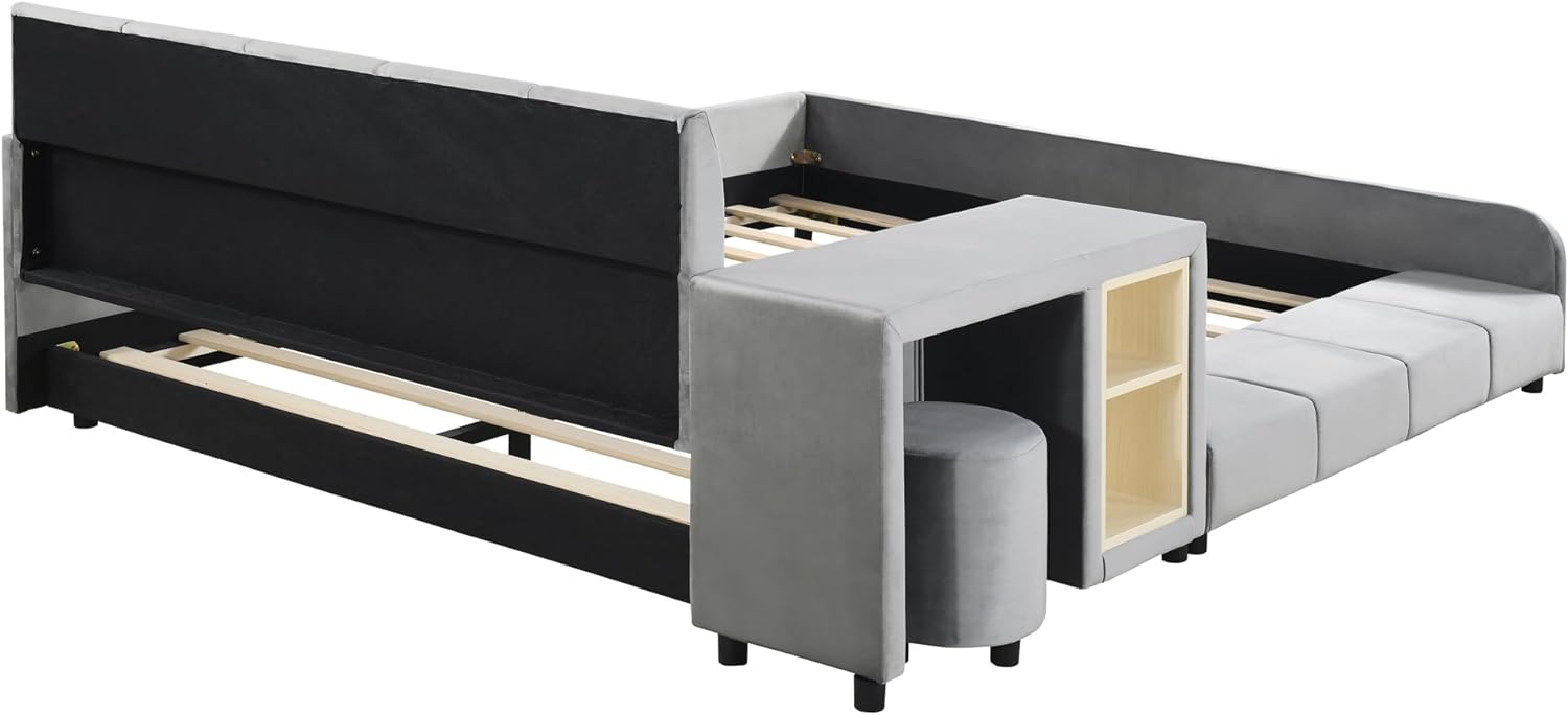 Merax Full Size Velvet Bed Frames Upholstered Grounded Bed, Wooden Mother & Child Bed with Bedside Desk and Little Round Stool,Kids Adults Bedroom Floor Platform Bed,Gray