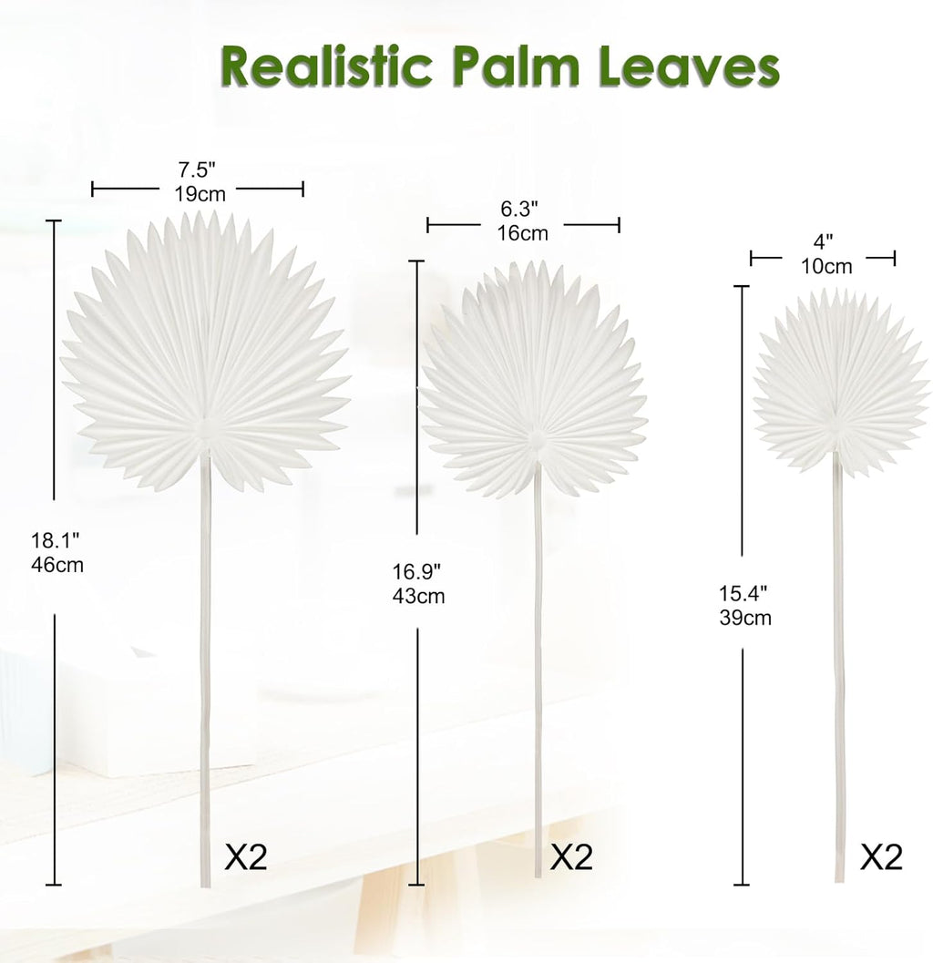 6 Pcs Pu Foam White Artificial Palm Leaves Faux Palm Tropical Leaves Fake Palm Fronds for DIY Wedding Bouquets Fake Leaves for Centerpieces Arrangements Bridal Shower Palm Leaf for Home Decor