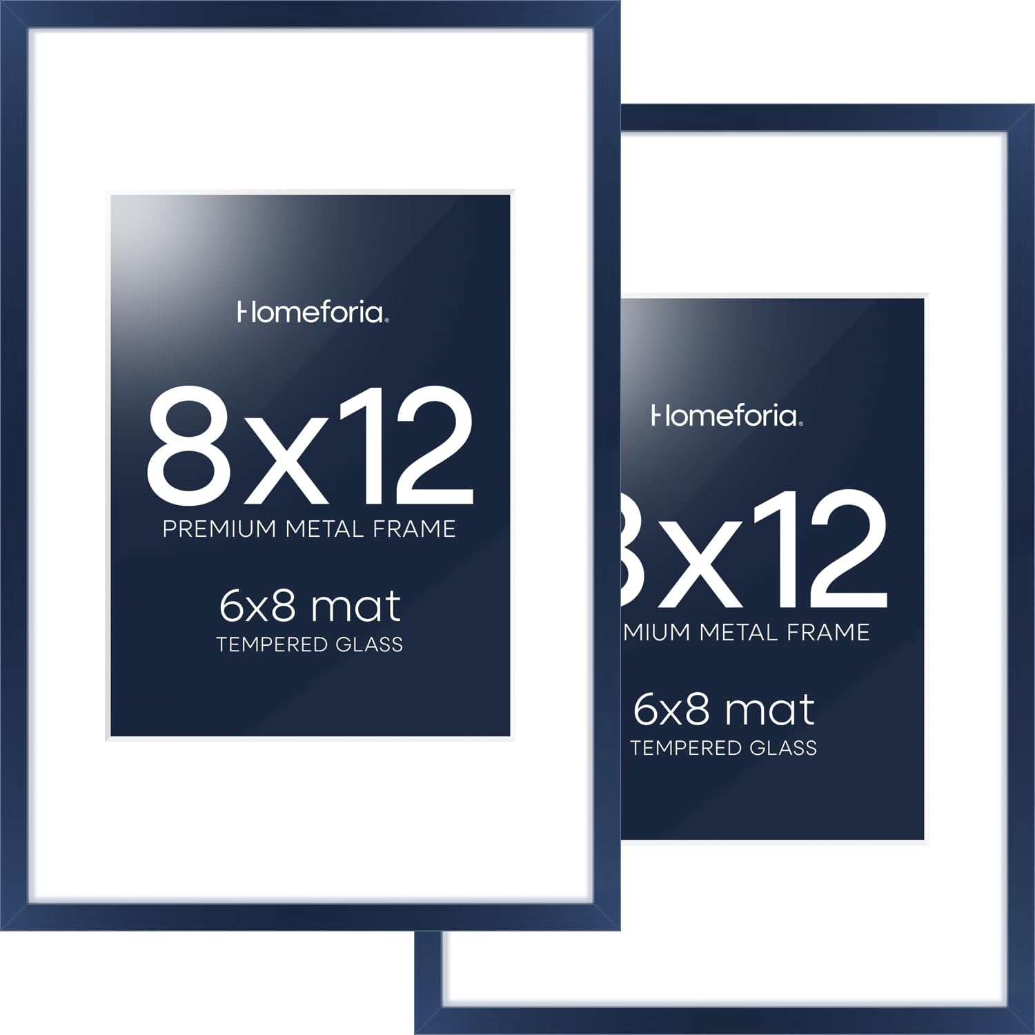 Homeforia 8x12 Picture Frame Navy Blue, High End Metal 8 x 12 Poster Frames with Mat 6 by 8 Photo, 12x8 Frame Matted to 6x8 inch Print, 8by12 Wall or Tabletop Frame, Tempered Glass, Wall Kit, Set of 2