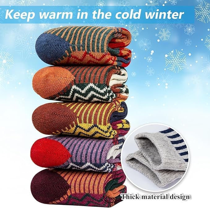Justay 5 Pairs Wool Socks for Women - Winter Thick Boot Cozy Crew Vintage Soft Calf Knit Warm Socks Gifts