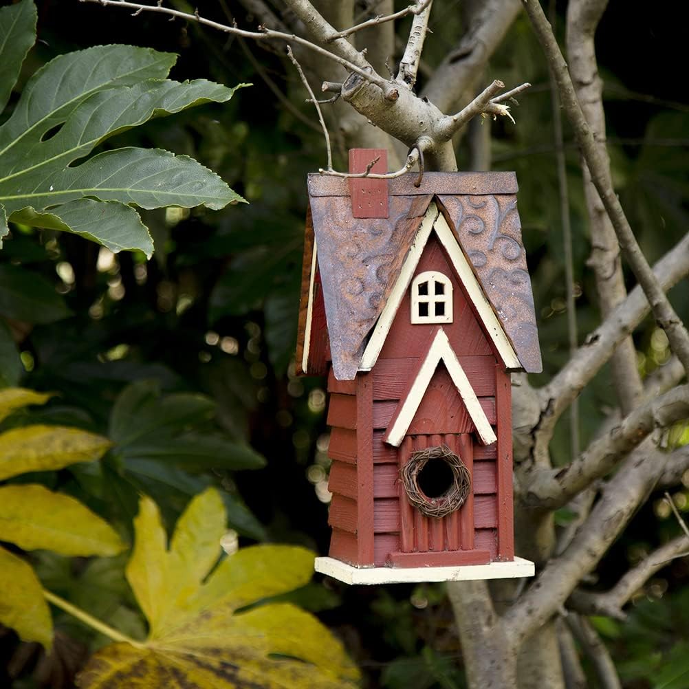 Glitzhome Solid Wood Distressed Cottage Garden Birdhouse Hanging Bird House for Outdoors 12" H,Red