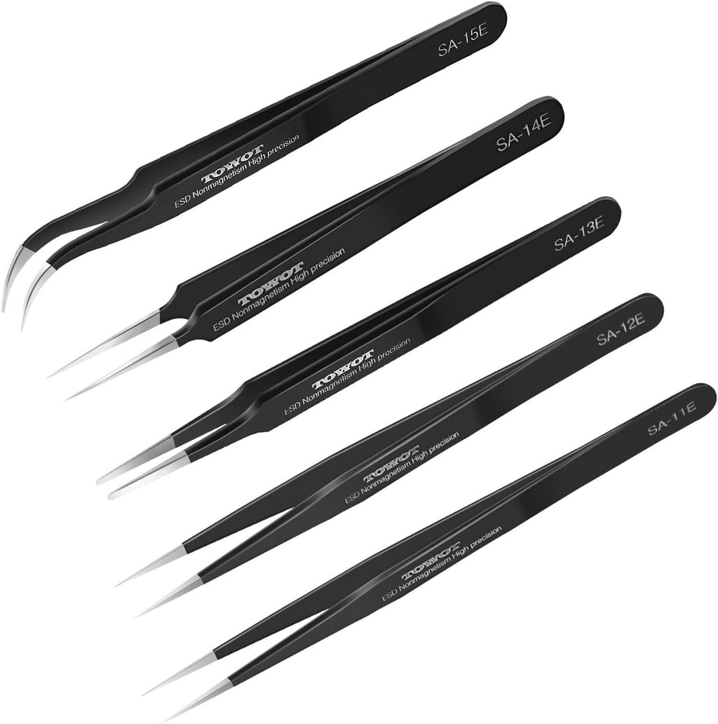 TOWOT 5 PCS Precision Tweezers Set, Premium Anti-static Stainless Steel for Craft, Electronics, Soldering, Jewelry Making, and Experimental Work Industrial Tweezers