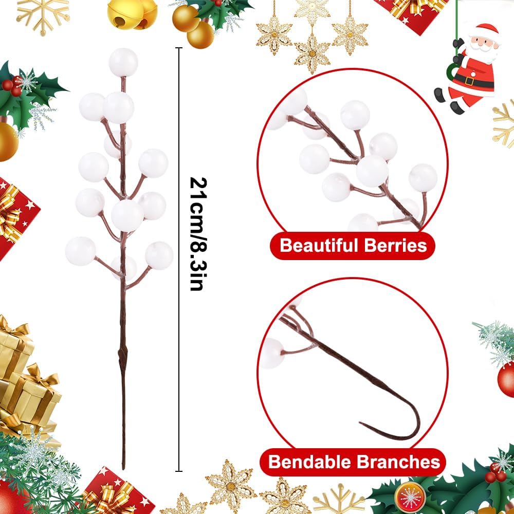 32 Pack Artificial White Berry Stems, Christmas White Berries Picks Holly Berry Branches for Christmas Tree Ornaments Xmas Wreath DIY Crafts Winter Holiday Home Decoration