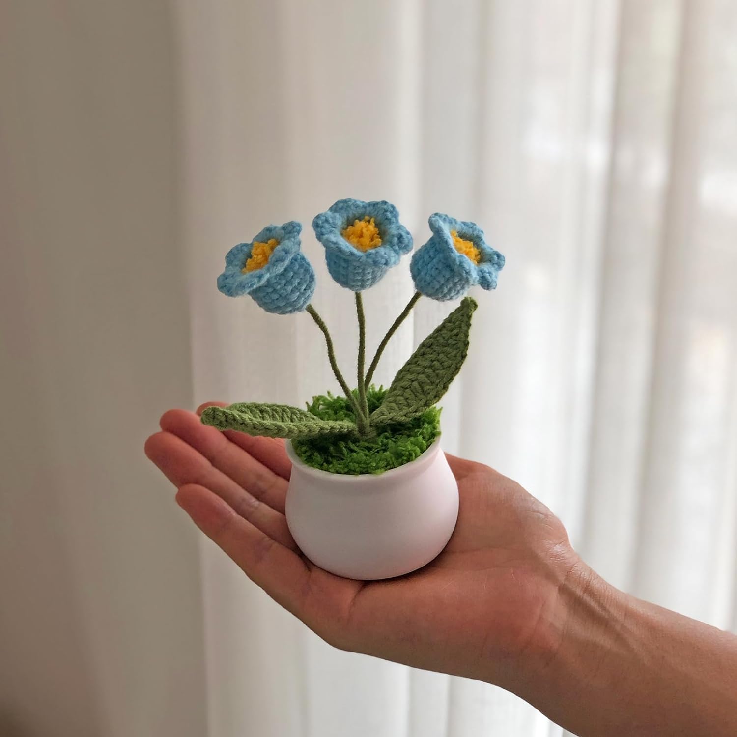 Crochet Flowers Cute Little Potted Flower, Gift for Birthday, Teacher’s Day, Graduation, Anniversary, Christmas, Decor for Car Dashboard,Home Office Decoration (Blue Lily of The Valley)