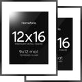 Homeforia 12x16 Picture Frame Black, High End Metal 12x16 Poster Frames with Mat 9x12 for Photo, 12 x 16 Black Frame Matted to 9 by 12 inch Print, 16x12 Thin Frames, Tempered Glass, Wall Kit, Set of 2