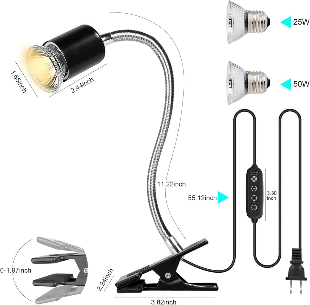 Reptile Heat Lamp Turtle Light - Long Lasting Ceramic Socket Basking Lamp with Auto Timer & Dimmer, 2 E27 Bulbs (25W & 50W) with UVB Support & Test Card for Turtles, Tortoises, Bearded Dragons, Geckos