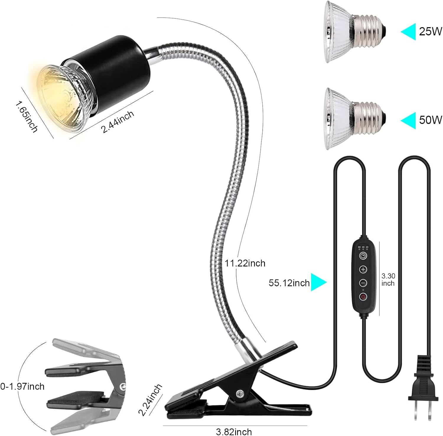 Reptile Heat Lamp Turtle Light - Long Lasting Ceramic Socket Basking Lamp with Auto Timer & Dimmer, 2 E27 Bulbs (25W & 50W) with UVB Support & Test Card for Turtles, Tortoises, Bearded Dragons, Geckos