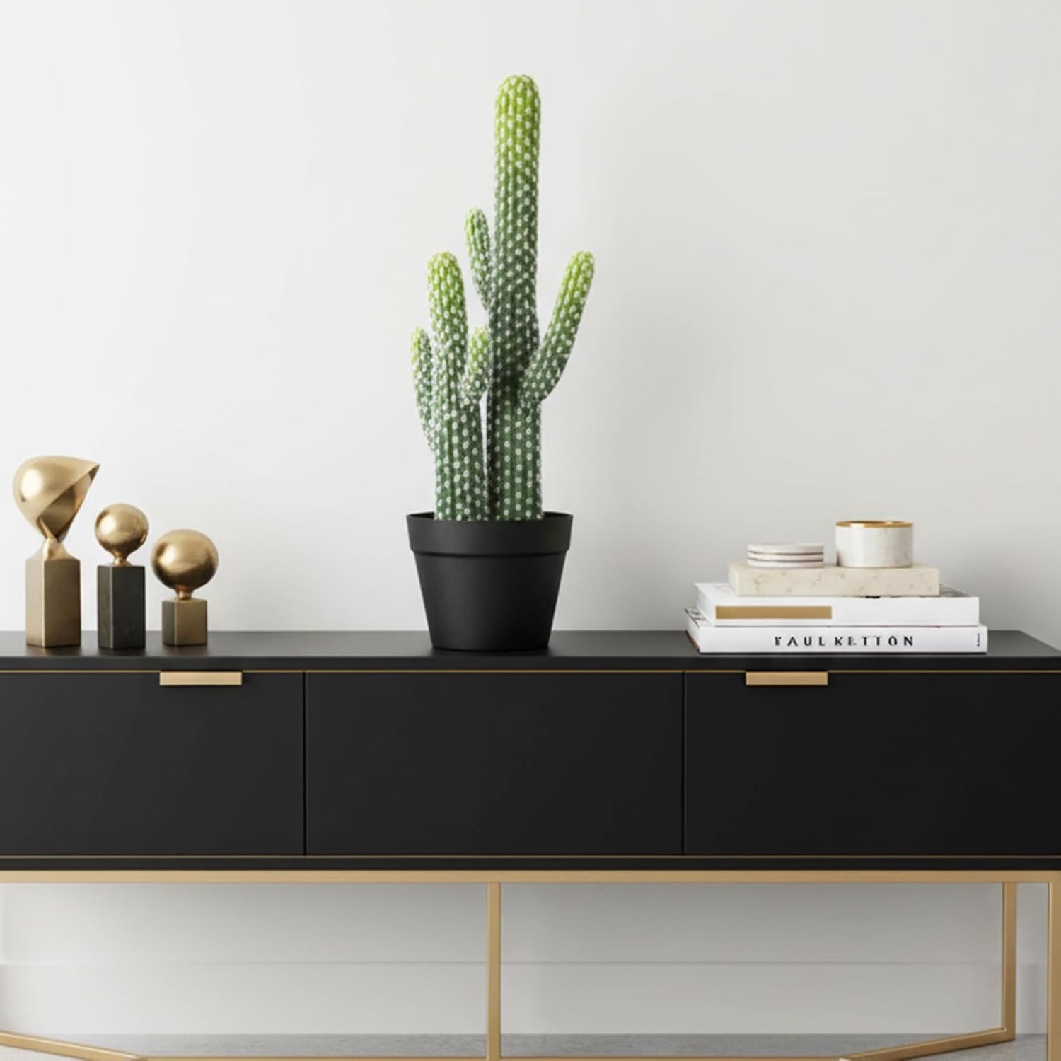 bellacat 23in UV Resistant Fake Cactus, Realistic Faux Cactus Plants Indoor with Black Pot, Artificial Cacti for Table Living Room Porch Office Indoor & Outdoor Decor, 2 Pack
