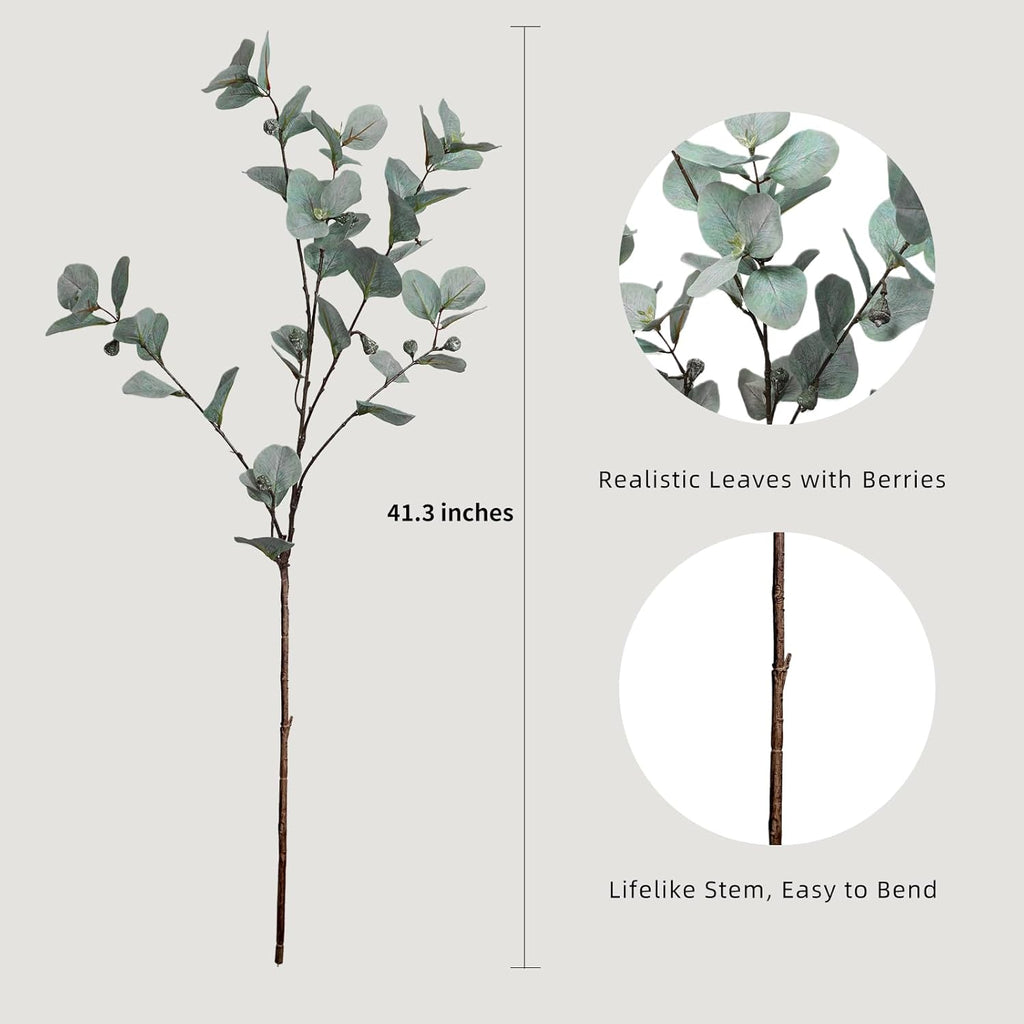 KBREE 41.3" Eucalyptus Stems, 3 Pcs Faux Eucalyptus with Seed Pods, Extra Long Stems Greenery Decor for Tall Vase, Home, Wedding & Office (Silver Green)