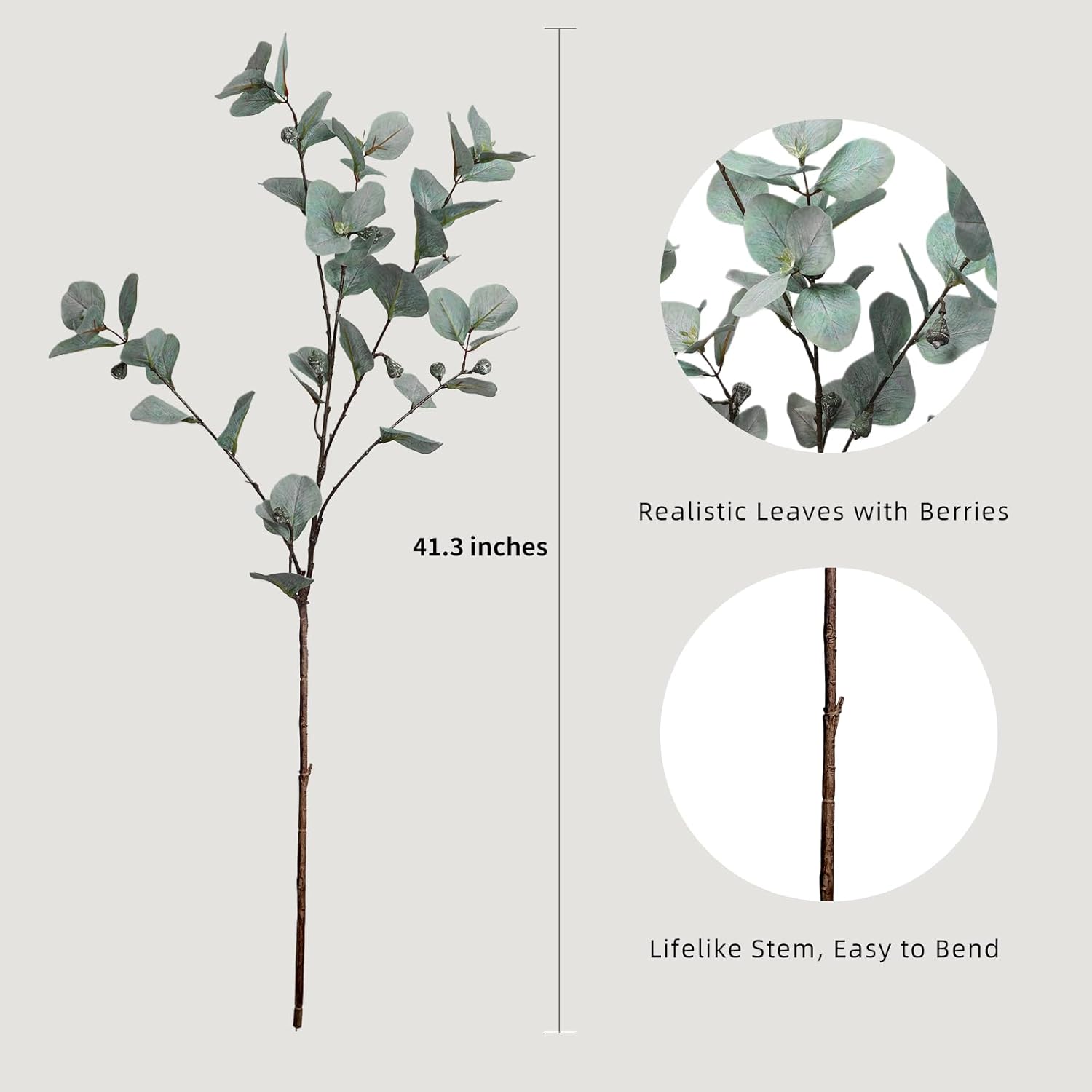 KBREE 41.3" Eucalyptus Stems, 3 Pcs Faux Eucalyptus with Seed Pods, Extra Long Stems Greenery Decor for Tall Vase, Home, Wedding & Office (Silver Green)
