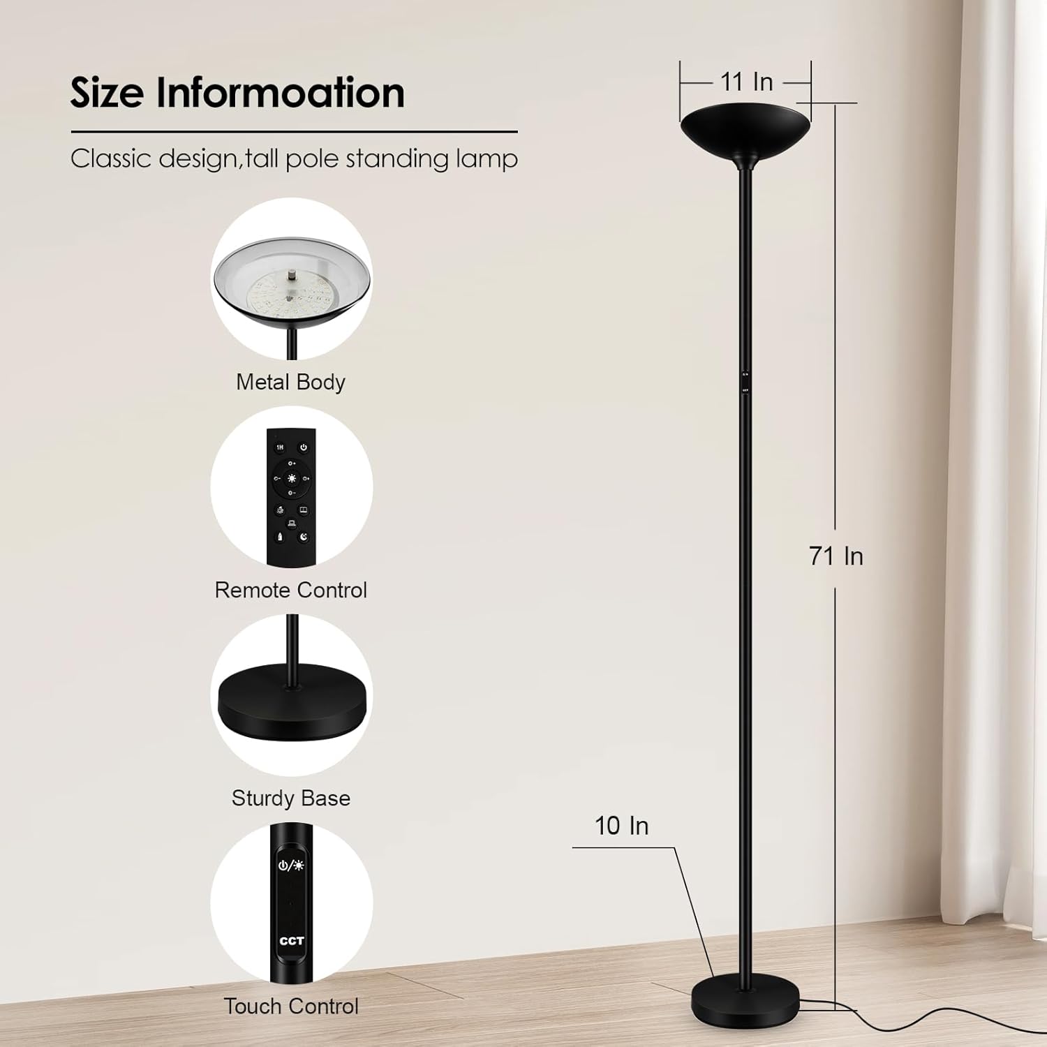 Stepless Dimmable Floor Lamp,30W 3000LM Super Bright LED Torchiere Floor Lamps with Remote & Touch Control,71 in Tall Modern Standing Lamp for Living Room Bedroom Office,2700k-6500k,Black