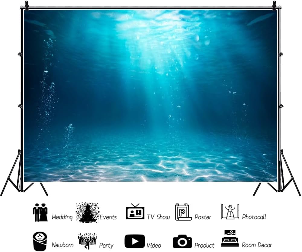 Renaiss 10x7ft Underwater World Backdrop Deep Blue Water Sun Ray Bubbles Background Undersea Sunlight Seascape Ocean Diving Mermaid Summer Party Banner Fish Tank Aquarium Decors Photo Booth Props