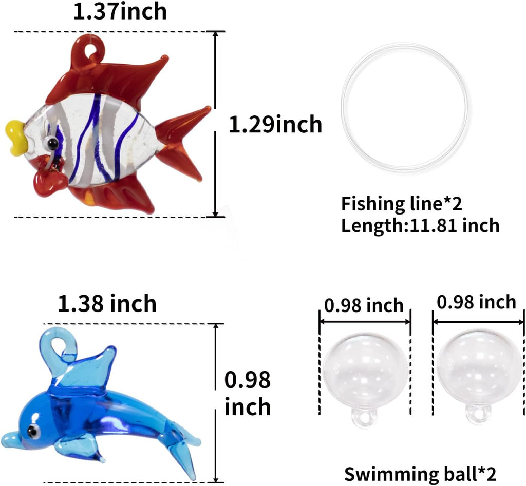 Aquarium Ornament, Cute Fish Tank Decorations Floating Fish&Dolphin with Floating Device, Glass, 2 Pack, Red and Blue, Fish Tank Accessories