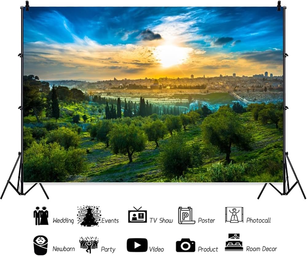 Jerusalem Backdrop Sunset Cityscape View of Old City Mount of Olives Decorations Background Religious Church Events Backdrop Holy Israel Party Jewish Temple Banner Studio Props 8x6ft