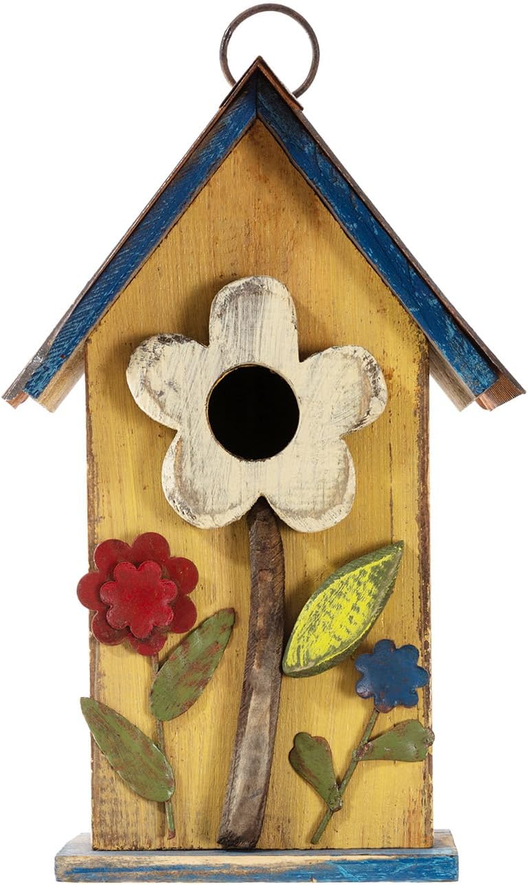 Glitzhome 10.25" Inch Wooden Bird House Hanging Distressed Flower Garden Birdhouse for Outdoor