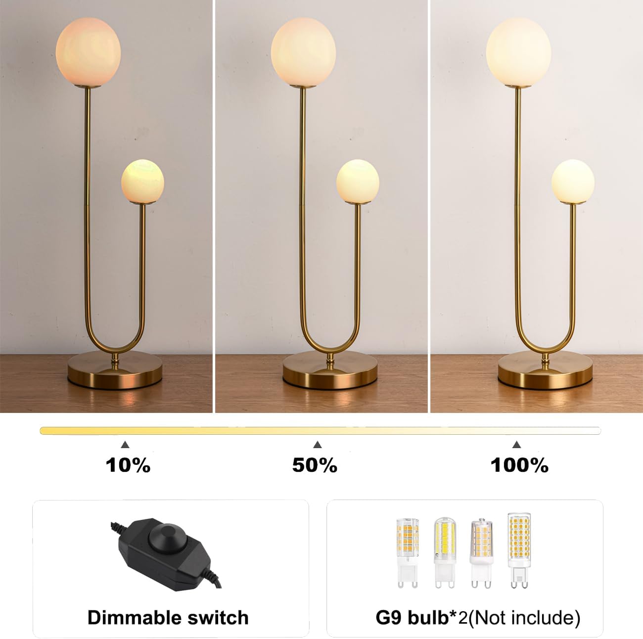 Mid Century Gold Globe Table Lamp Modern U-Shape 2-Light Desk Table Light with Milk White Glass Shade Metal Base Nightstand Lamp for Bedroom Bedside,G9 Bulb(Not Included)