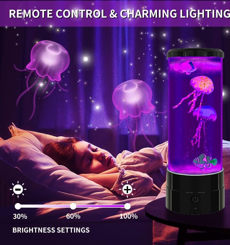 Jellyfish Lamp 12"-Black Minimalist Cylinder Table Lamp with 2 Large Jellyfish & 2 Fish,16 Color Changing LED,USB Powered,Remote Control,Jellyfish Light Lamp for Bedroom,Home Decor