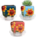 3.63 Inch Hand Painted Square Succulent Planter with Drainage and Clear Plastic Saucers Cactus Planter Pot Clay Pot Sunflowers Indoor Outdoor Pack of 3