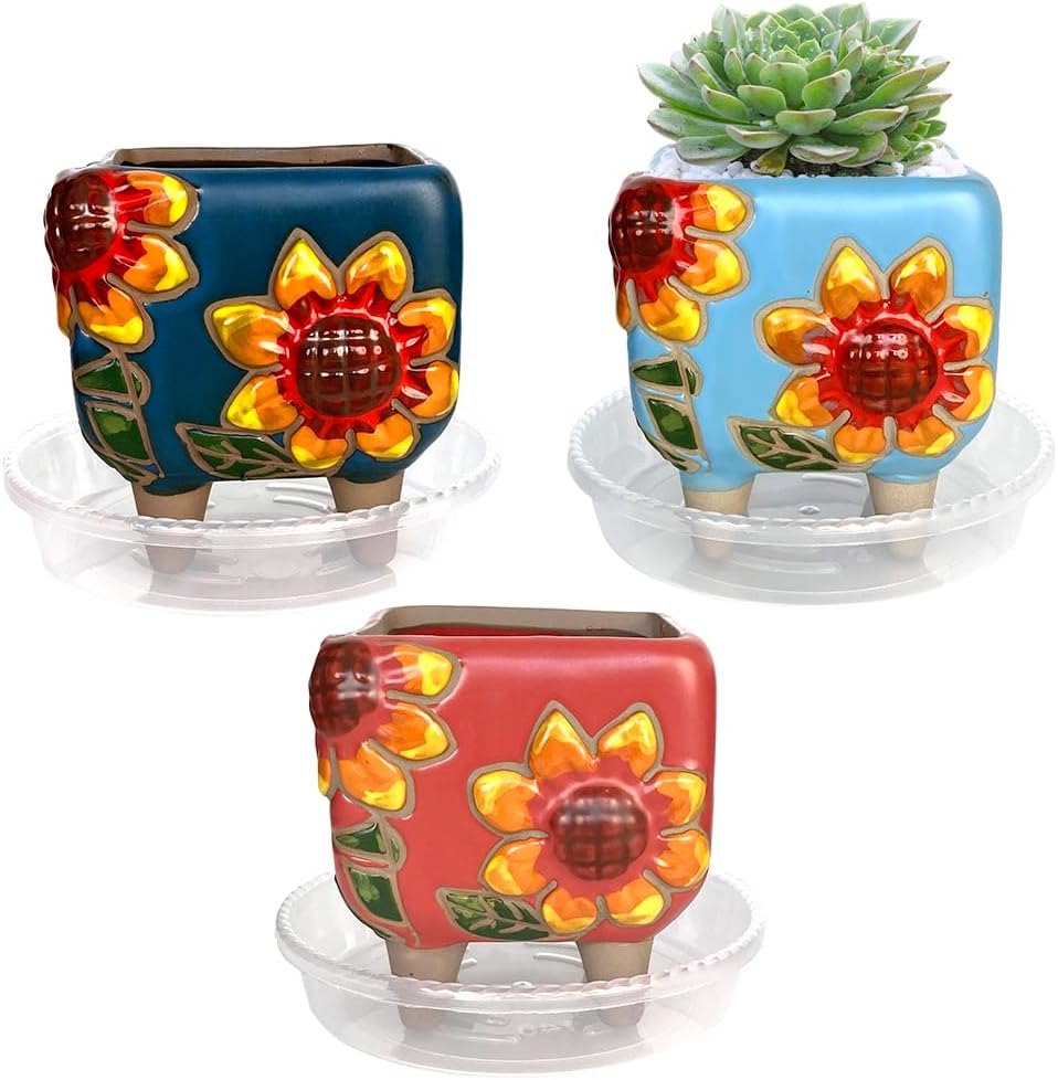 3.63 Inch Hand Painted Square Succulent Planter with Drainage and Clear Plastic Saucers Cactus Planter Pot Clay Pot Sunflowers Indoor Outdoor Pack of 3