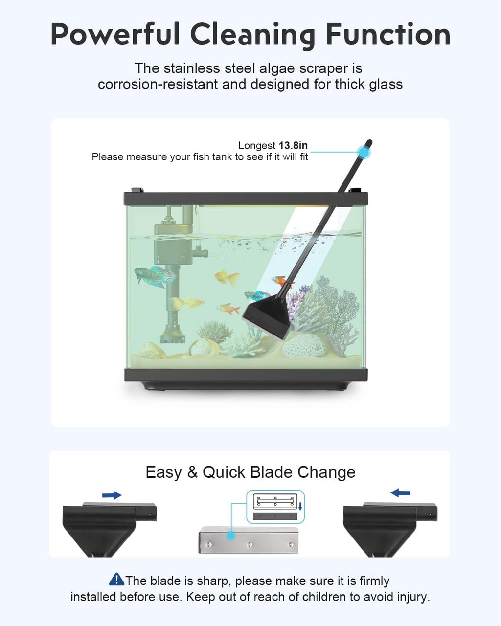 Fish Tank Cleaning Kit: Algae Scraper for Aquariums Glass Scrubber Cleaner Tools with Handle - 7 in 1 Betta Fish Tanks Cleaning Accessories Set Including Fishing Net Sponge Brush Pump Brush