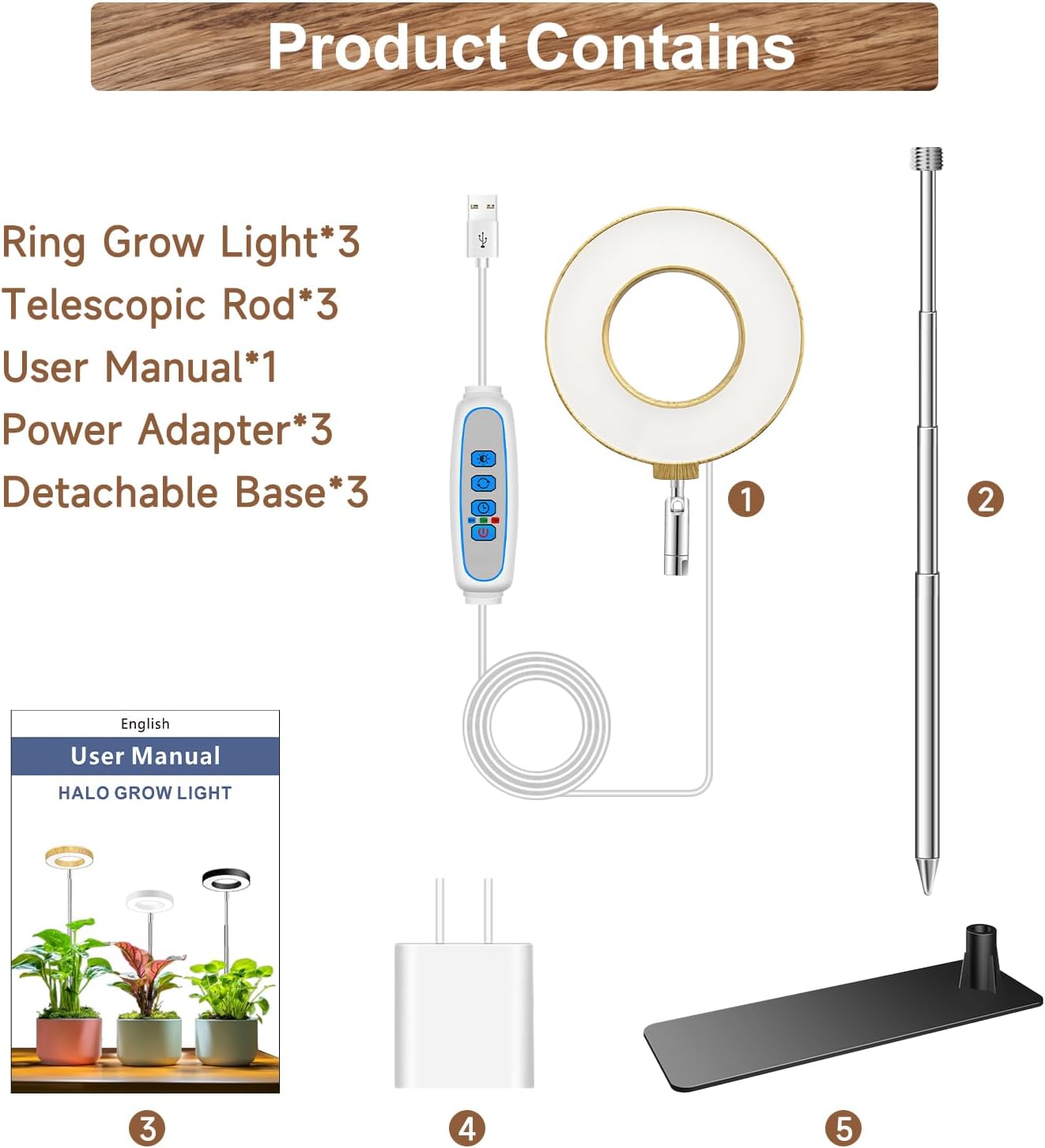 Grow Light, 48 LEDs Full Spectrum Plant Lights for Indoor Growing, Height Adjustable Wood Grain Plant Grow Light with Base, 3 Optional Spectrums, Auto Timer 6/12/16Hrs, 5 Brightness
