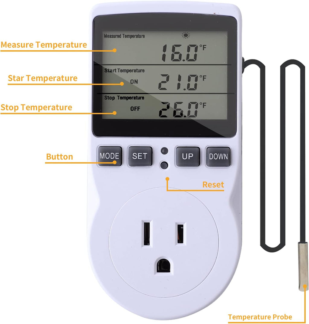 Thermostat Outlet Plug in Temperature Controller Heating Cooling Mode Timer for Fan Heater Greenhouse Home Brew Reptiles Incubate Aquatium