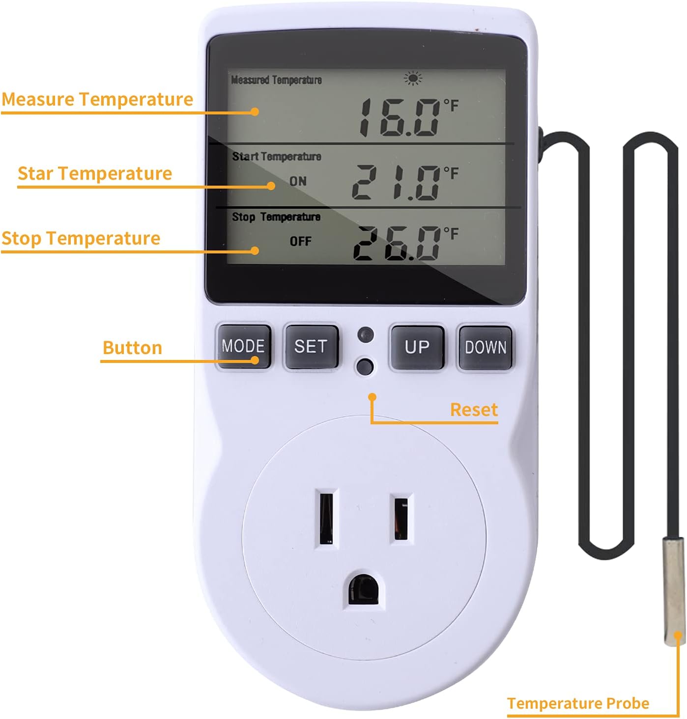 Thermostat Outlet Plug in Temperature Controller Heating Cooling Mode Timer for Fan Heater Greenhouse Home Brew Reptiles Incubate Aquatium