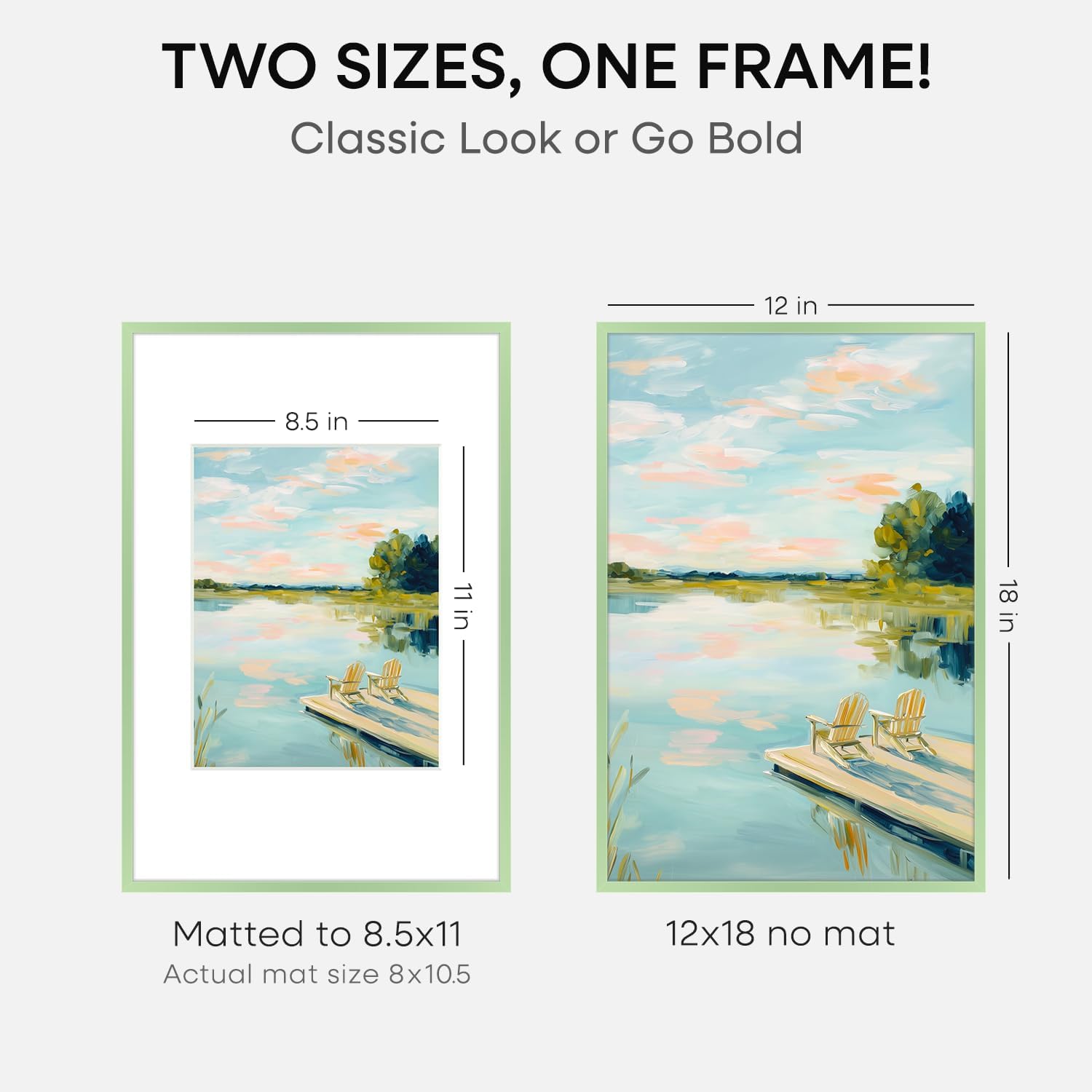 Homeforia 12x18 Picture Frame Sage Green, High End Metal 12x18 Poster Frames with Mat 8.5x11 in Photo, 12 x 18 Sage Green Frame Matted to 8.5 by 11 Art, 18x12 Frame, Tempered Glass, Wall Kit, Set of 2