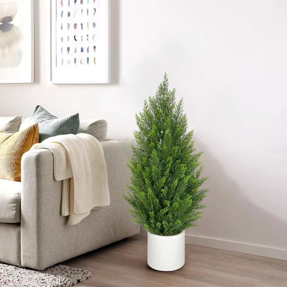 Briful 2PCS 3ft Artificial Cedar Topiary Trees in White Planter – Compact Faux Evergreen Potted Plants with Dense Realistic Layered Leaves, Lifelike Fake Trees for Home, Office, Patio, Porch