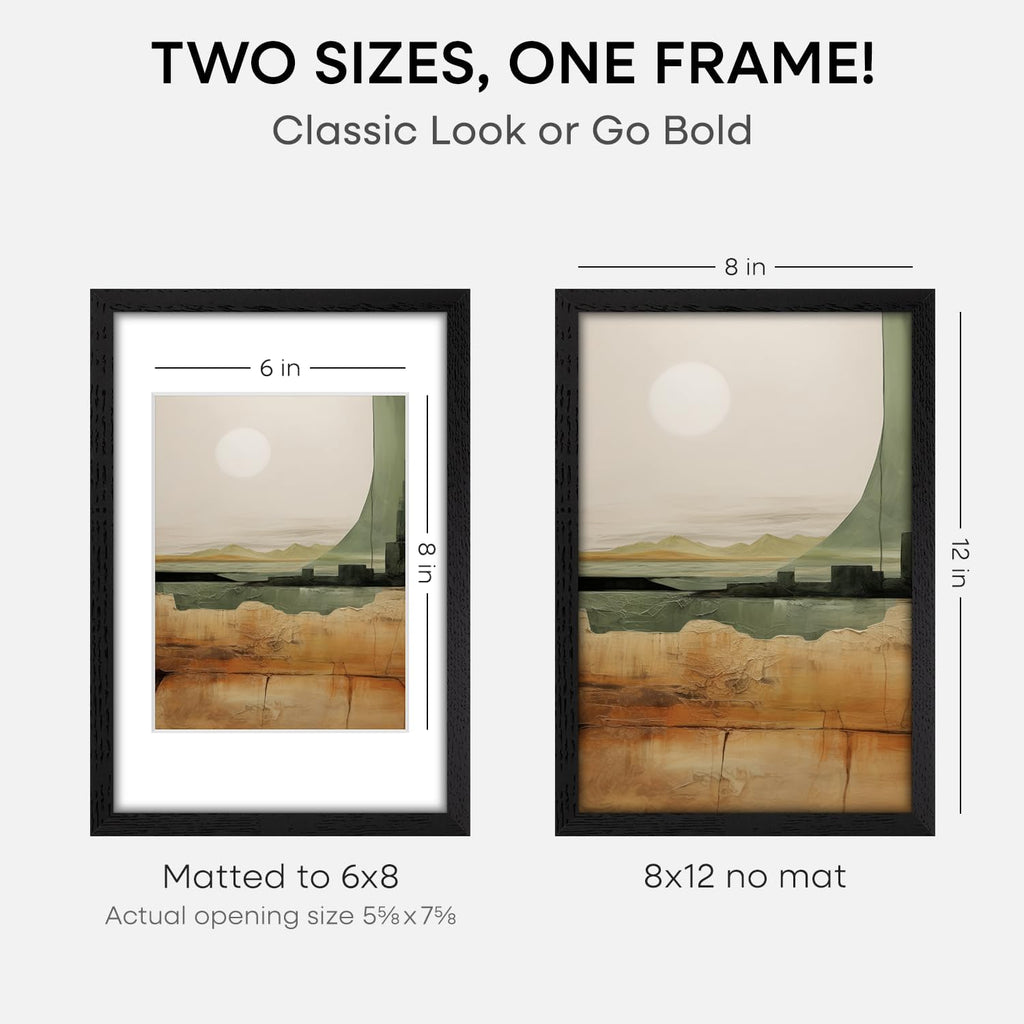 Homeforia 8x12 Black Picture Frame, High End Oak 8 x 12 Wood Frames with Mat 6 by 8 Print, 8by12 Wooden Frame Matted to 6x8 inch Photo, 12x8 Wall or Tabletop Frames, Tempered Glass, Wall Kit, Set of 2
