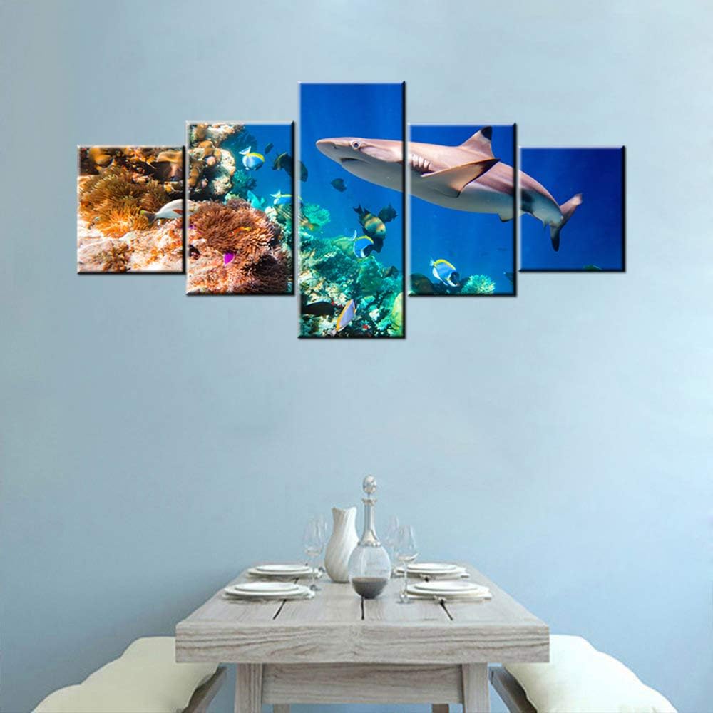 House Decorations Living Room Sharks and Many Small Fishes Pictures Blue Undersea Paintings 5 Panel Coral Canvas Wall Art Seascape Artwork Framed Giclee Ready to Hang Poster and Prints(50''Wx24''H)